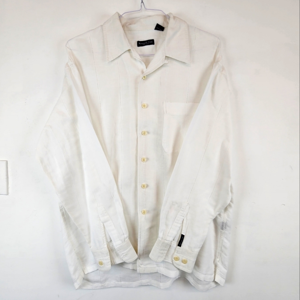 White men's linen oversized button-down long sleeves shirt xlarge
